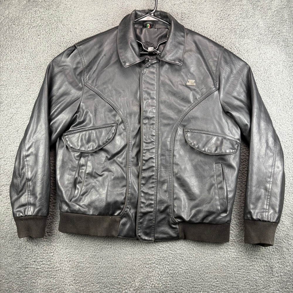 Emporio & Co Mens Black Faux Leather Bomber Jacket XL Full Zip Embellished‎ Logo
